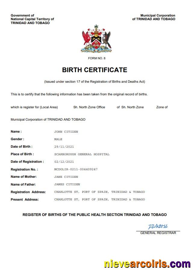 Trinidad & Tobago birth certificate